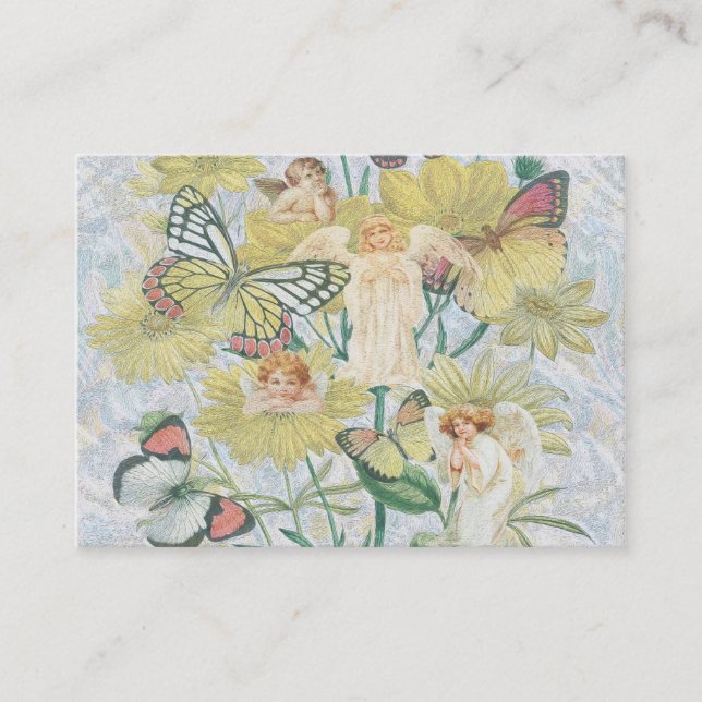 Cherubs, fjärilar och blommor i gult visitkort (Framsida)
