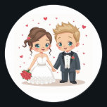 Cherzed & Kärlek Bröllop Sticker Runt Klistermärke<br><div class="desc">Tecknadens klistermärke på en brud- och groomhållare händer,  omgivet av flytande hjärtan,  perfekt för bröllop,  kärlek-anteckningar och romantiska gåvor.</div>