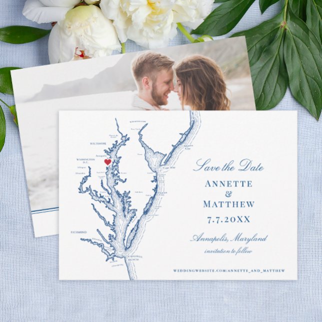 Chesapeake Bay Annapolis MD Marinblå Bröllop Spara Datumet (Annapolis MD Wedding Map Save the Date with Photo in elegant navy blue from Coastal Map Designs)
