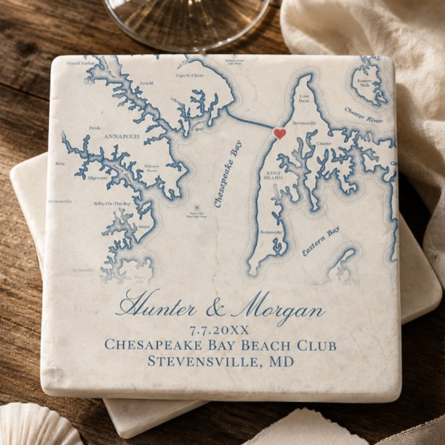 Chesapeake Bay Beach Club Bröllopskarta Minne Stenunderlägg (Chesapeake Bay Beach Club Wedding Favor Stone Coaster with Stevensville MD Map by Coastal Map Design)