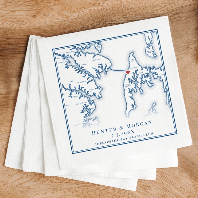Chesapeake Bay Klubb Navy Blue Bröllop Pappersservett (Chesapeake Bay Beach Club Wedding napkins with Elegant Navy Blue Stevensville MD Map )