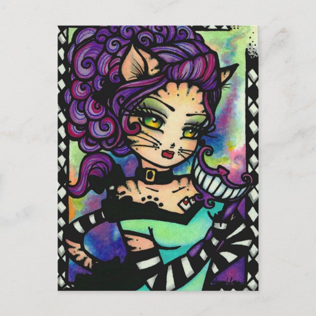 Cheshire Cat Alice Smoke Fairy Fantasy Art Girl Vykort (Framsida)