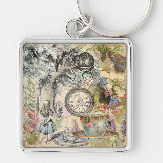 Cheshire Cat Alice Wonderland Classic Fyrkantig Silverfärgad Nyckelring (Framsidan)