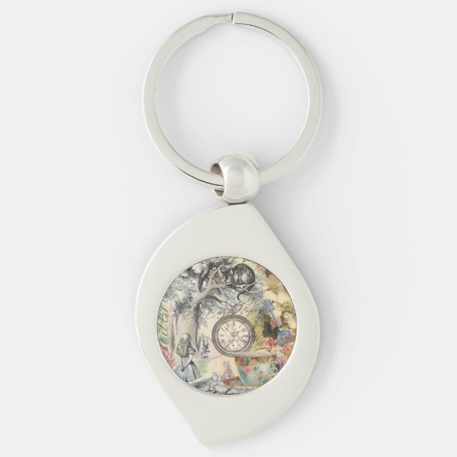 Cheshire Cat Alice Wonderland Klassiker Swirl Silverfärgad Nyckelring (Framsidan)