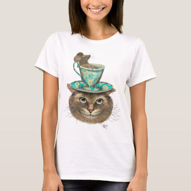 Cheshire Cat med Kopp på Head Tee Shirt (Framsida)