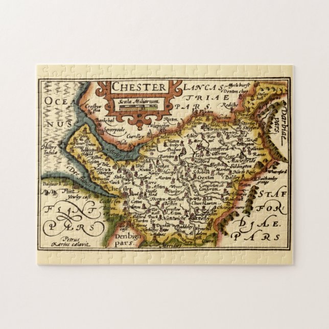 Cheshire (Chester) County England Antiquarian Kart Pussel (Horisontell)