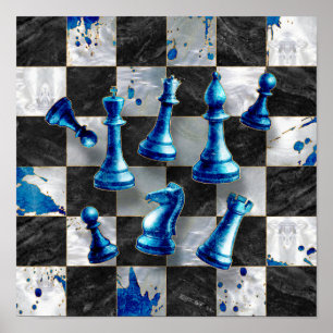 Chess Abstrakt Art - Blue Marble Poster