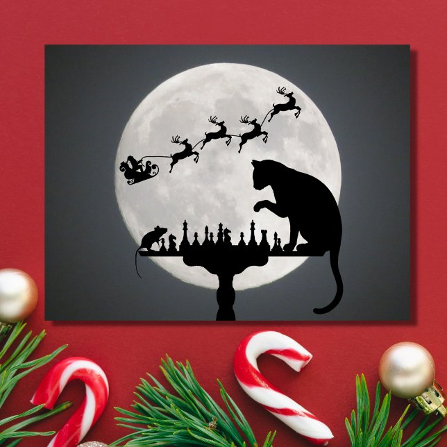 Chess Cat and Mouse Game Santa Full Moon-jul Helg Vykort (Skapare uppladdad)