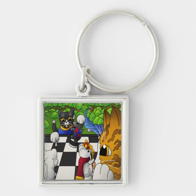 Chess Cats i parken Fyrkantig Silverfärgad Nyckelring (Framsidan)
