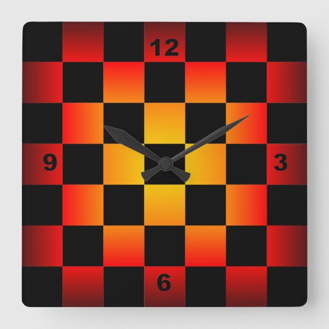 Chess ~ Checkerboard Clock Black & Fire Background Fyrkantig Klocka (Framsida)