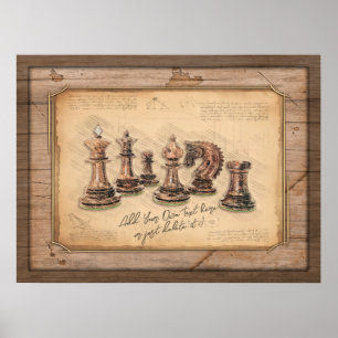 Chess Delar på Grunge Wooden Board Player Gift Poster