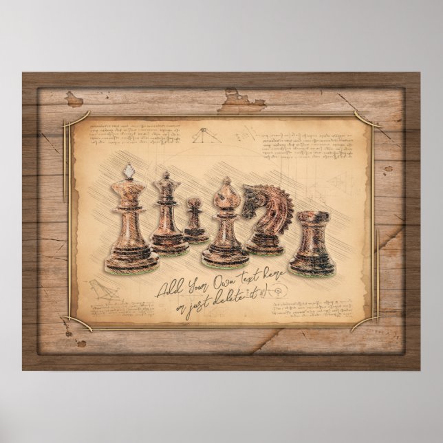 Chess Delar på Grunge Wooden Board Player Gift Poster (Framsidan)