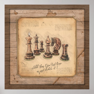 Chess Delar på Grunge Wooden Board Player Gift Poster