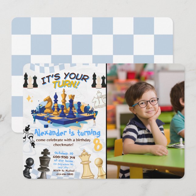 Chess Game Birthday Inbjudan med Personfoto (Fram/baksida)