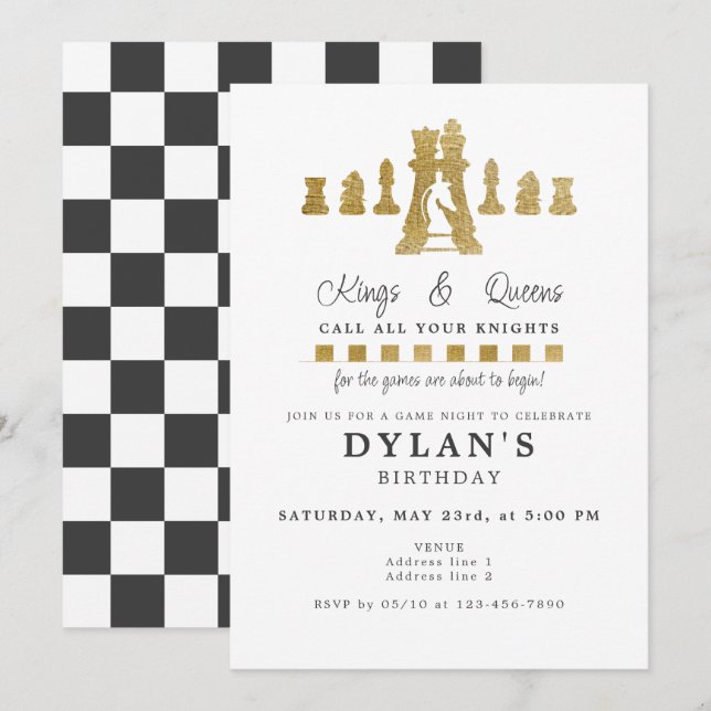 Chess Game Natt Birthday Ring dina Knight Guld Inbjudningar (Fram/baksida)