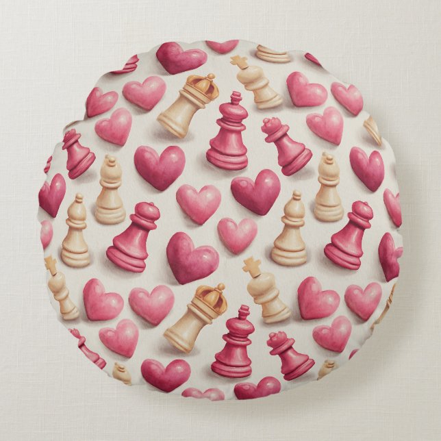 Chess & Hearts Valentines Pattern Rund Kudde (Framsidan)
