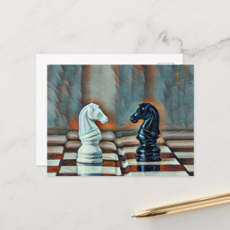 Chess Knight Chess Board Artistic Blue, Orange Vykort