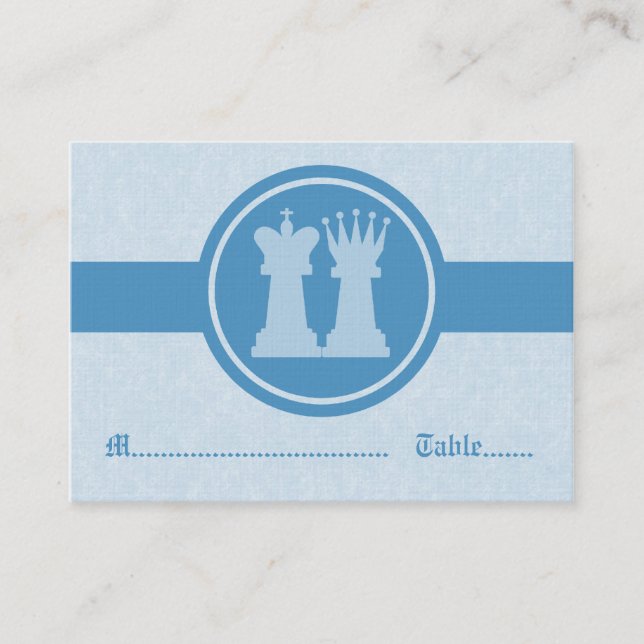 Chess Kung och Queen Bröllop Place Cards, Blue Placeringskort (Framsida)