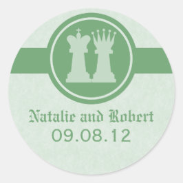 Chess Kung och Queen Wedding Stickers, Grönt Runt Klistermärke