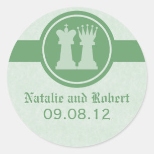 Chess Kung och Queen Wedding Stickers, Grönt Runt Klistermärke