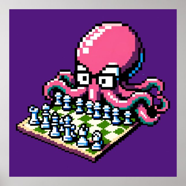Chess Master Octopus - Lustigt Pixel Art Strategy Poster (Framsidan)
