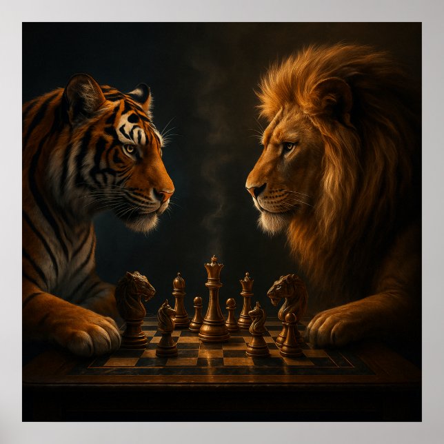 Chess of Kings – Lion vs Tiger Strategic Art Poster (Framsidan)