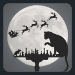 Chess Santa Full Moon Cat and Mouse Game-jul Fyrkantigt Klistermärke<br><div class="desc">Den här Chess-teman med juldekalen i helgdag har en silhuette-katt och ett musspel i ljuset av måne med Santa,  hans själ och renar som flyger förbi.</div>