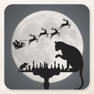 Chess Santa Full Moon Cat and Mouse Game-jul Underlägg Papper Kvadrat