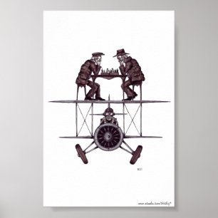 Chess-spel på flygplan surreal penna bläck tecknin poster