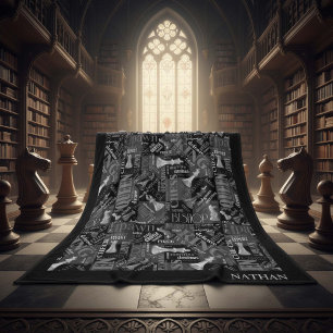 Chess Terms and Delar Black and White ID784 Fleecefilt