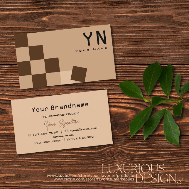 Chessboard Beige och Brown med Monogram Modern Visitkort (Skapare uppladdad)