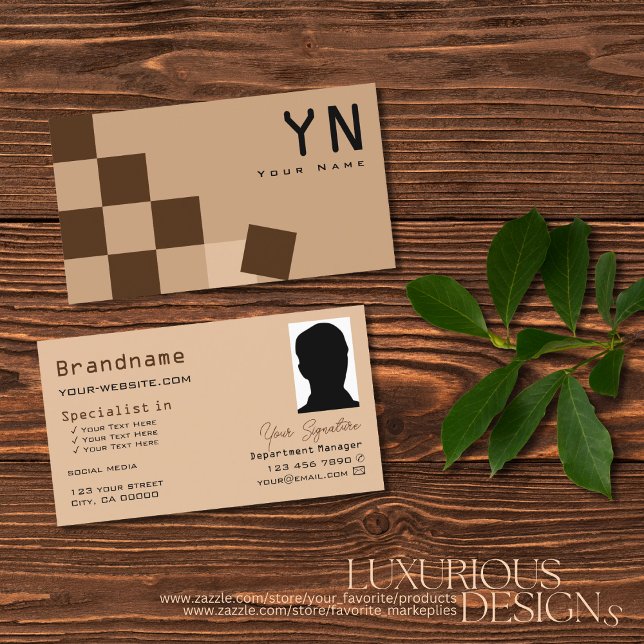 Chessboard Beige och Brown med Monogram och foto Visitkort (Skapare uppladdad)