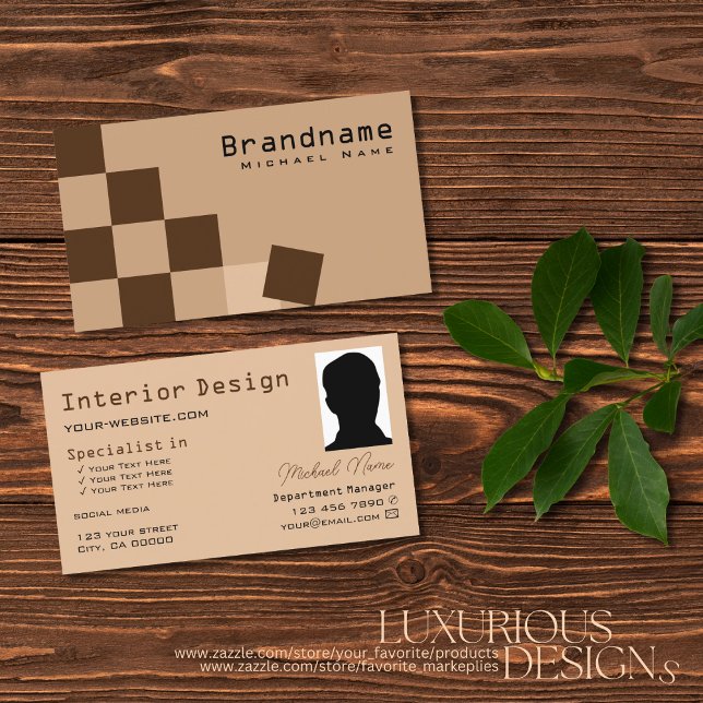 Chessboard Beige och Brown Modern med Photo Coola Visitkort (Skapare uppladdad)