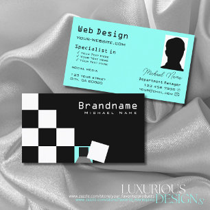 Chessboard Black and White Modern Teal med foto Visitkort