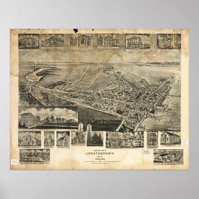 Chestertown Maryland 1907 Antique Panoramic Karta Poster (Framsidan)