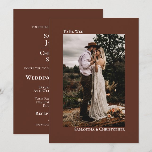 Chestnut Brown Minimalist Lodrät Photo Bröllop Inbjudningar (Fram/baksida)