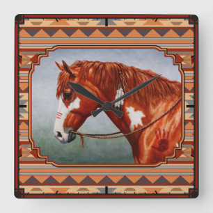 Chestnut Pinto Horse Southwest Indian Design Fyrkantig Klocka