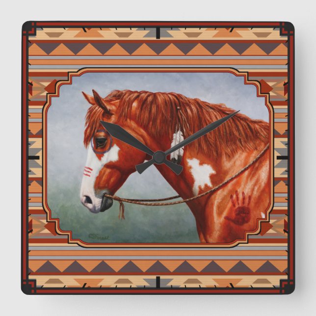 Chestnut Pinto Horse Southwest Indian Design Fyrkantig Klocka (Framsida)