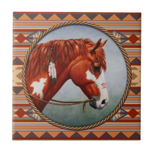 Chestnut Pinto Horse Southwest Indian Design Kakelplatta