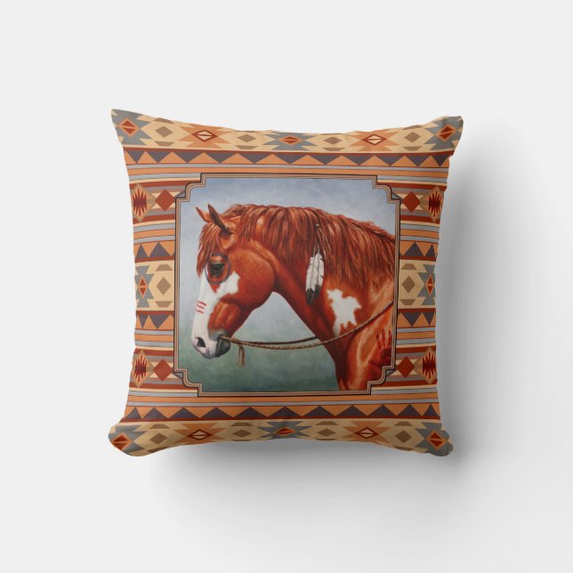 Chestnut Pinto Horse Southwest Indian Design Kudde (Framsida)