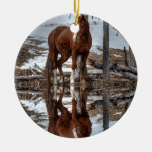 Chestnut Ranch Horse and Pond Reflection Julgransprydnad Keramik