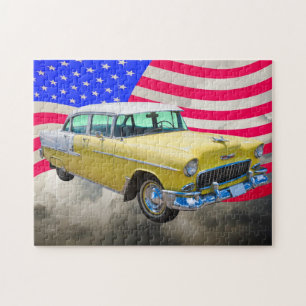 Chevrolet 1955 Bel Air med amerikanska flaggan Pussel