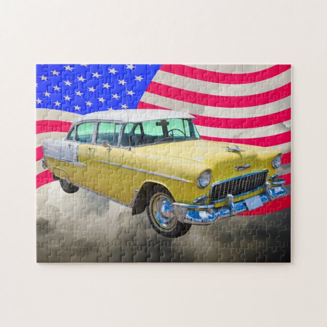 Chevrolet 1955 Bel Air med amerikanska flaggan Pussel (Horisontell)