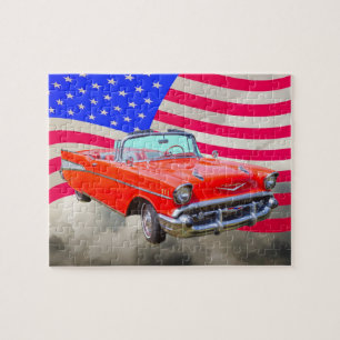 Chevrolet 1957 Bel Air och US-flagga Pussel