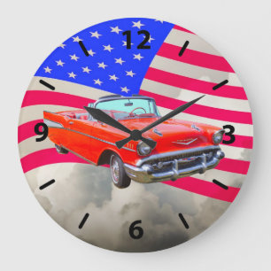 Chevrolet Bel Air klassikerbil 1957 och US-flagga Stor Klocka