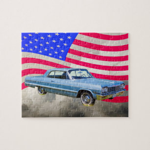 Chevrolet Impala bil 1964 och amerikanska flaggan Pussel