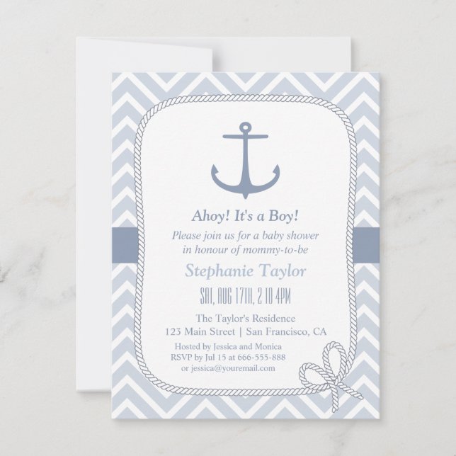 Chevron Ankar Marin Baby Shower Inbjudan (Framsida)