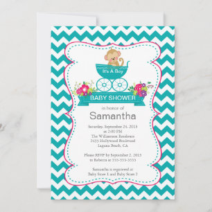 Chevron Apa i vagn Pojkarnas Baby Shower Inbjudningar