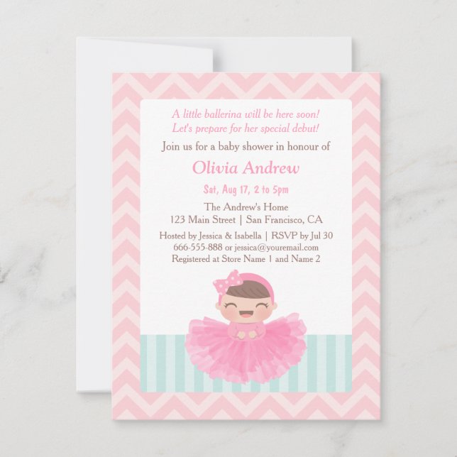 Chevron Ballerin Flicka Bebis Shower Inbjudningar (Framsida)
