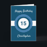 Chevron Blue 15:e födelsedagskortet Kort<br><div class="desc">Ett personlig blått 15-årskort för honom,  som du lätt kan anpassa med den ålder du behöver tillsammans med namn på kortets framsida. Om du vill kan du enkelt anpassa insidan av kortmeddelandet. Det här blåa personligen 15-årskort för honom skulle göra en underbar keepy.</div>